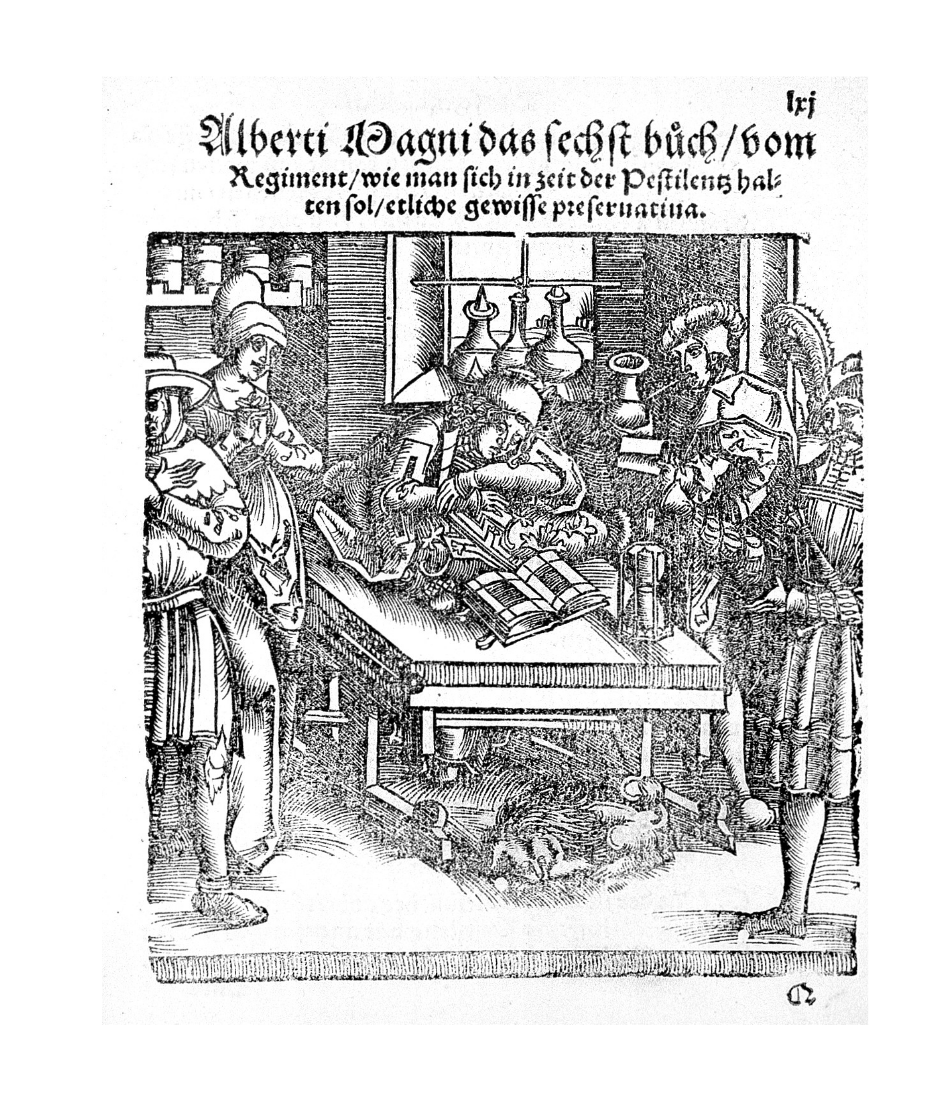 Credit: Wellcome Library, London. Wellcome Images images@wellcome.ac.uk http://wellcomeimages.org Plague treatise - a full page woodcut representing a man at a table studying a book, he is surrounded by four persons, - one holding a urine glass, Woodcut Darin durch sechs kurtzer Buchlin vil Heimlichkeiten der Natur beschriben werden Albertus Magnus Published: 1551 